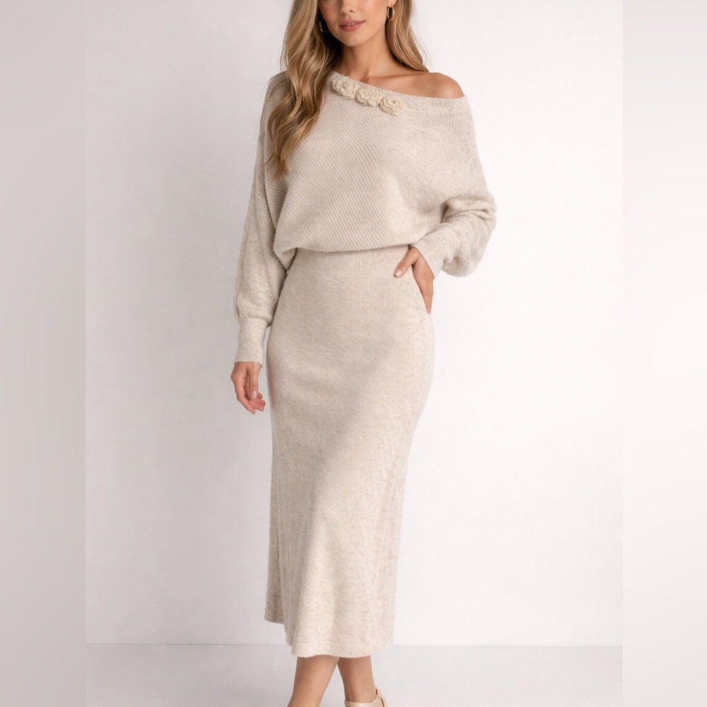 Cream Cashmere Knit sweater skirt set